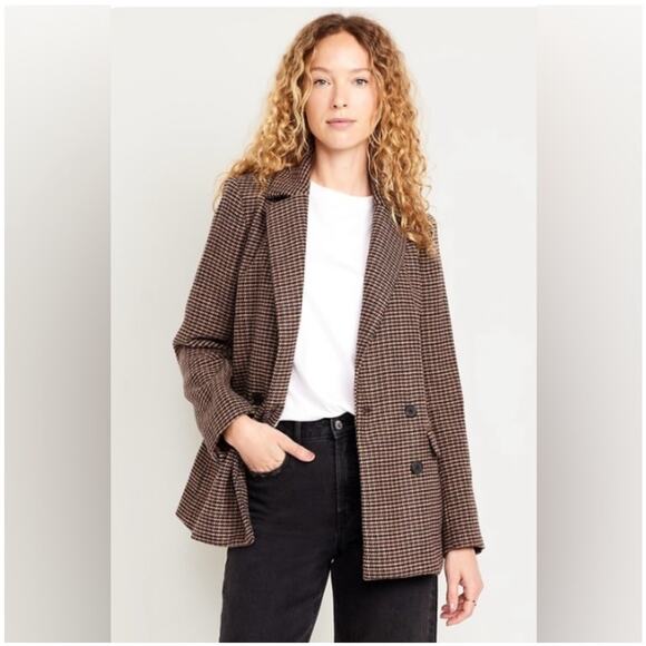Old Navy Double Breasted Blazer in Brown Plaid sz Large - Picture 1 of 10
